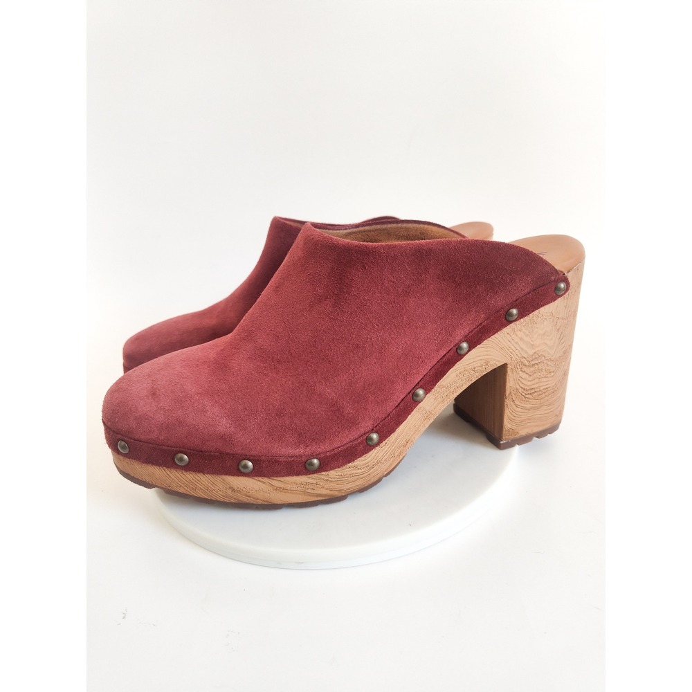 Kork-Ease Clog Mules 9M Burgundy Suede Studded Wood Platform Boho Retro Shoes - Picture 4 of 9